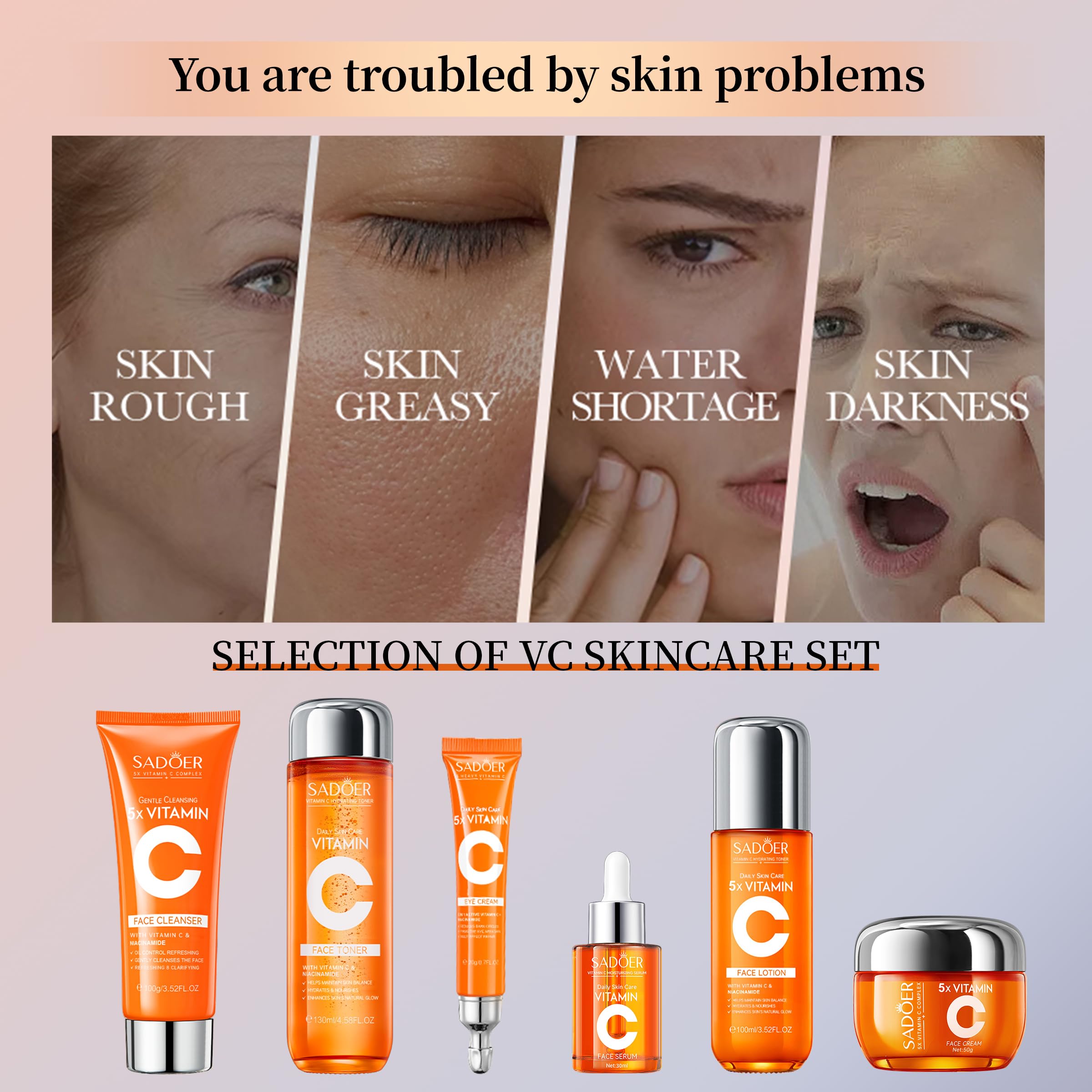 Glowing Skin Essential! SADOER 5X Vitamin C Care Set, Brightening Anti-Aging Hydrating Facial Kit