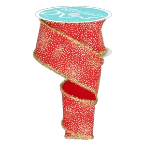2.5" x 10yd Laser Gold Glitter Dots on Red w/ Gold Tinsel Edge