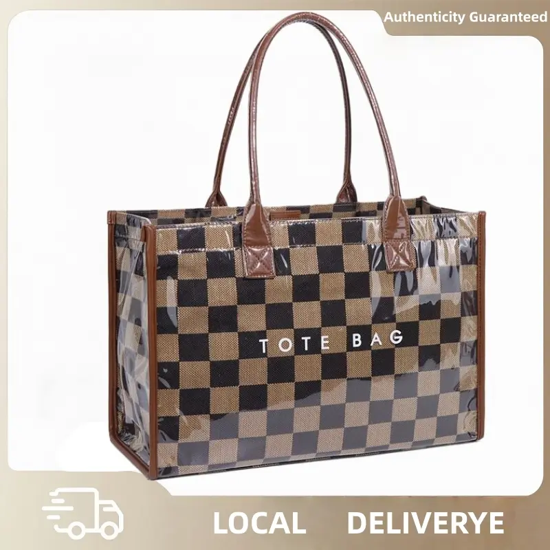 Ladies' retro checkered letter printed tote bag, casual and fashionable handbag, large capacity transparent commuting work bag, multifunctional shoulder bag for fashionable daily use, retro and fashionable style checkered shopping bag
