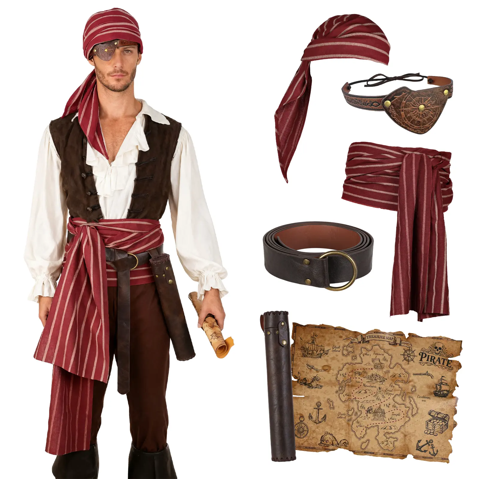 HiiFeuer Medieval Pirate Costume, Pirate Head Viking Scarf Sash Belt Embossed Eye Patch pirate decorations Map Cosplay
