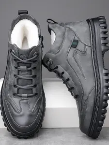 Men's Winter Warm High-Top Cotton Shoes, Fleece Lined Thicken Derby Shoes, Comfortable and Insulated Footwear for Cold Weather
