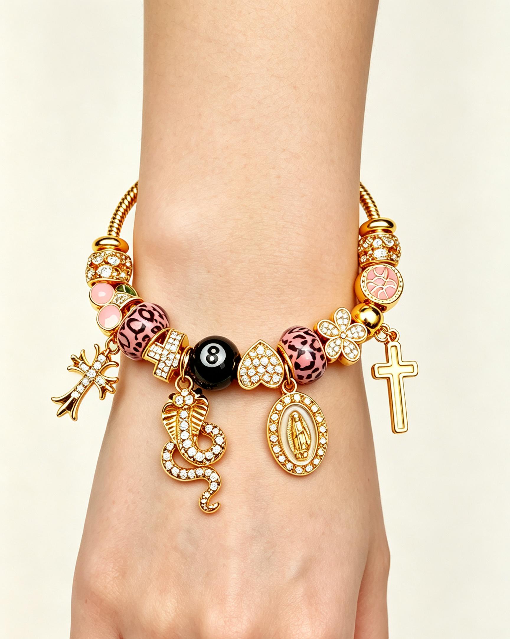 Edgy Gold Charm Bracelet – Leopard, 8-Ball & Cross Pendants for Bold Streetwear Vibes