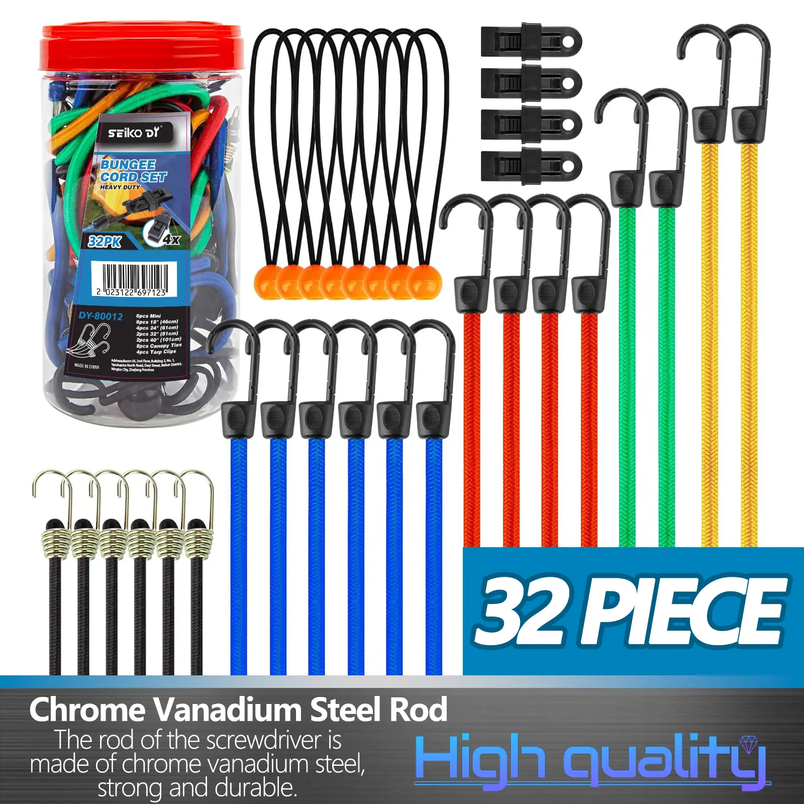32-Piece Elastic Cord Set with Hooks, featuring rubber elastic cords in various lengths—10, 18, 24, 32, and 40 inches—ideal for securing cargo, camping, and organization. Includes ball-shaped straps, tarp clips, and zip ties