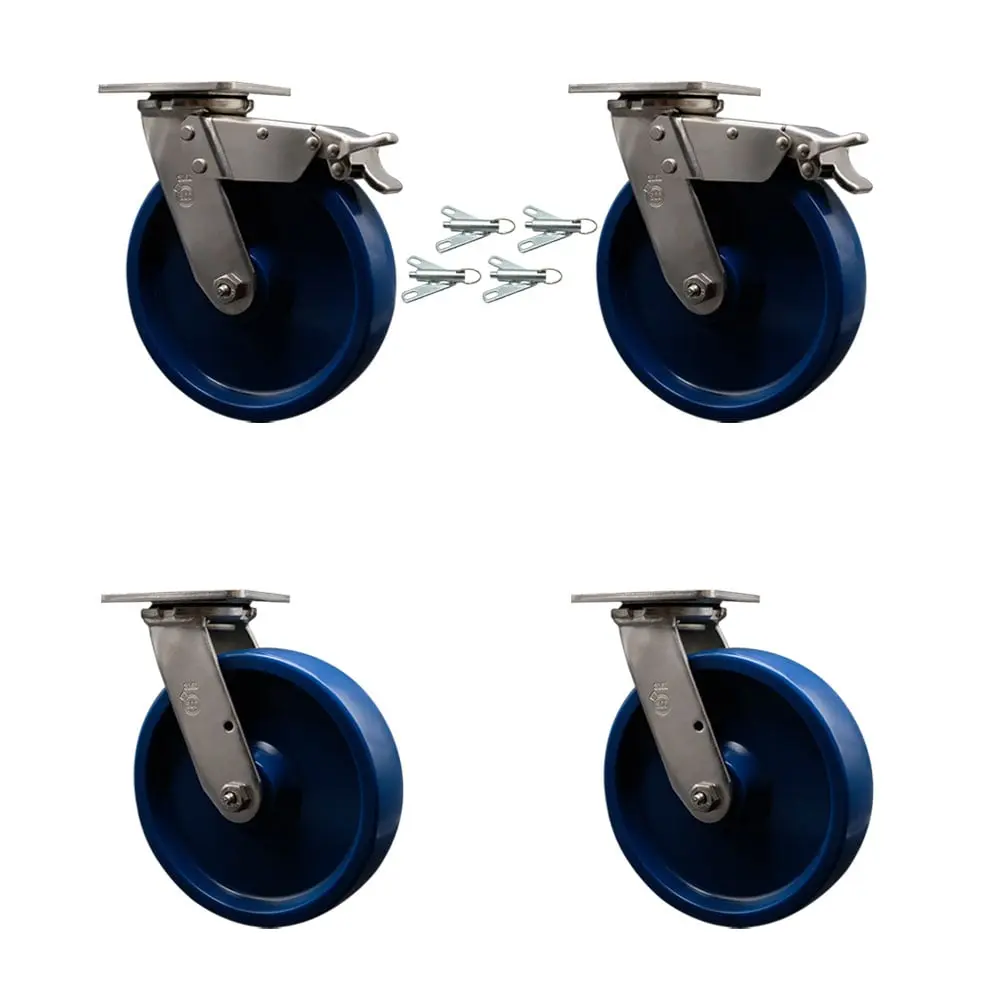 Service Caster SCC-SS316TTL30S820-SPUD-2-BSL-2 316 Stainless Steel Heavy-Duty Swivel Caster Set of 4 with Swivel Locks - 8" Diameter by 2" Wide Solid Polyurethane Wheels, Delrin Metal Bearings, Polished Anti-Rust Castors for Commercial Equipment, Dollies