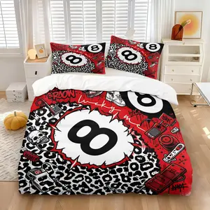 Bold Red Black Street Graffiti Duvet Cover Set, Soft Breathable Microfiber Bedding with 1 or 2 Coreless Pillowcases, Lucky 8 Ball Leopard Print, All Seasons Use, Modern Urban Bedroom Decor for Young Adults