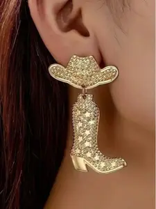 Fashion Denim Accessories Set, Alloy Western Boots, Hat, Earrings, Stylish Cowgirl Look, Women's Fashion Additions, Trendy Fashionable Accessories, Bling Stylish Accessory