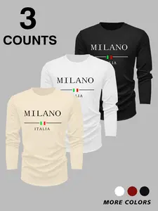 Men's Letter Print Round Neck Long Sleeve Thermal Lined Tee, Loose Casual Crew Neck Top for Fall & Winter, Men's Clothes for Daily Wear