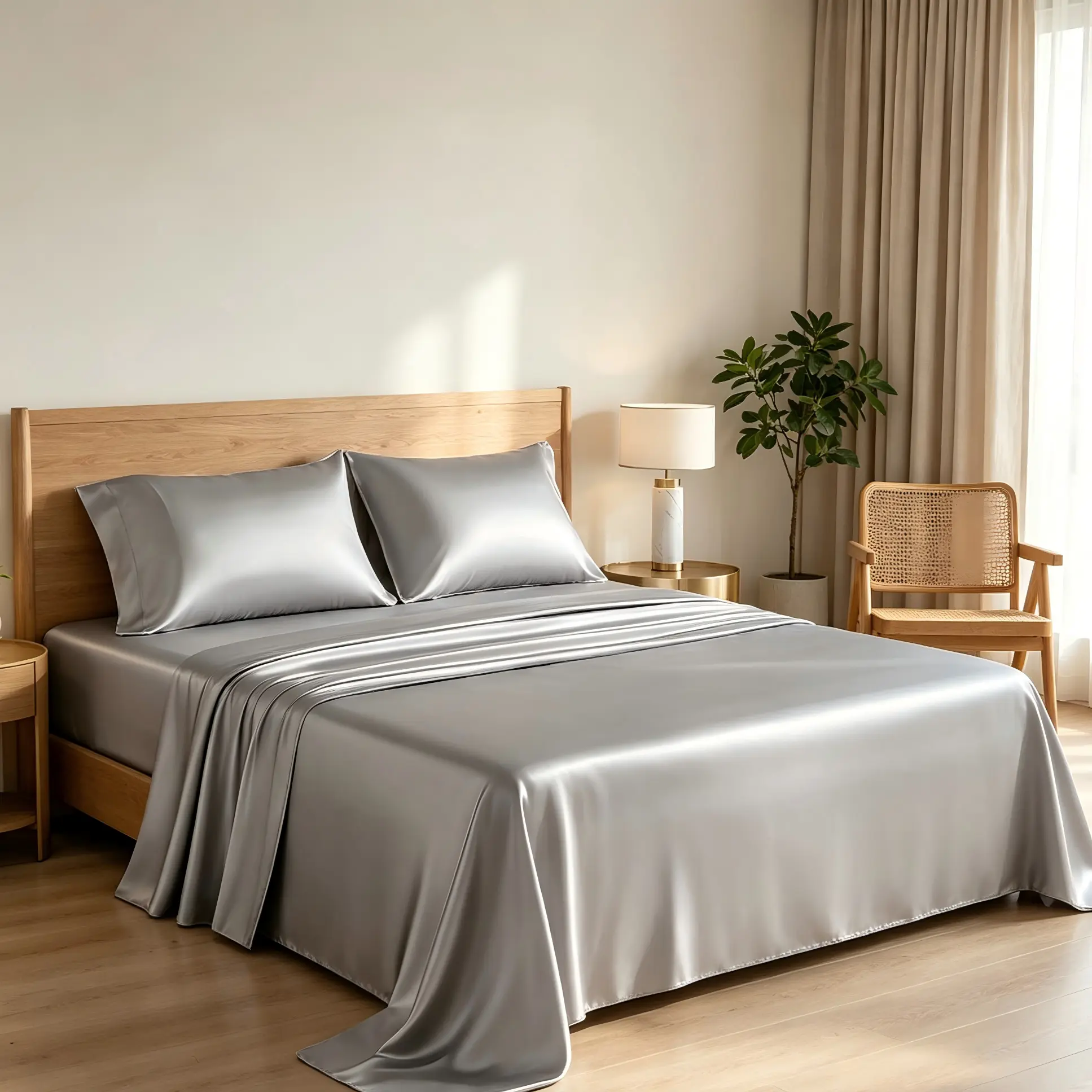 WVG Silky Satin Fitted Cooling Bed Set - Soft 4PCS Deep Pocket Sheets with Pillowcases, Fade-Shrink Resist Queen Size Summer Gift Satin Bed Sheets Back to School Dormitory