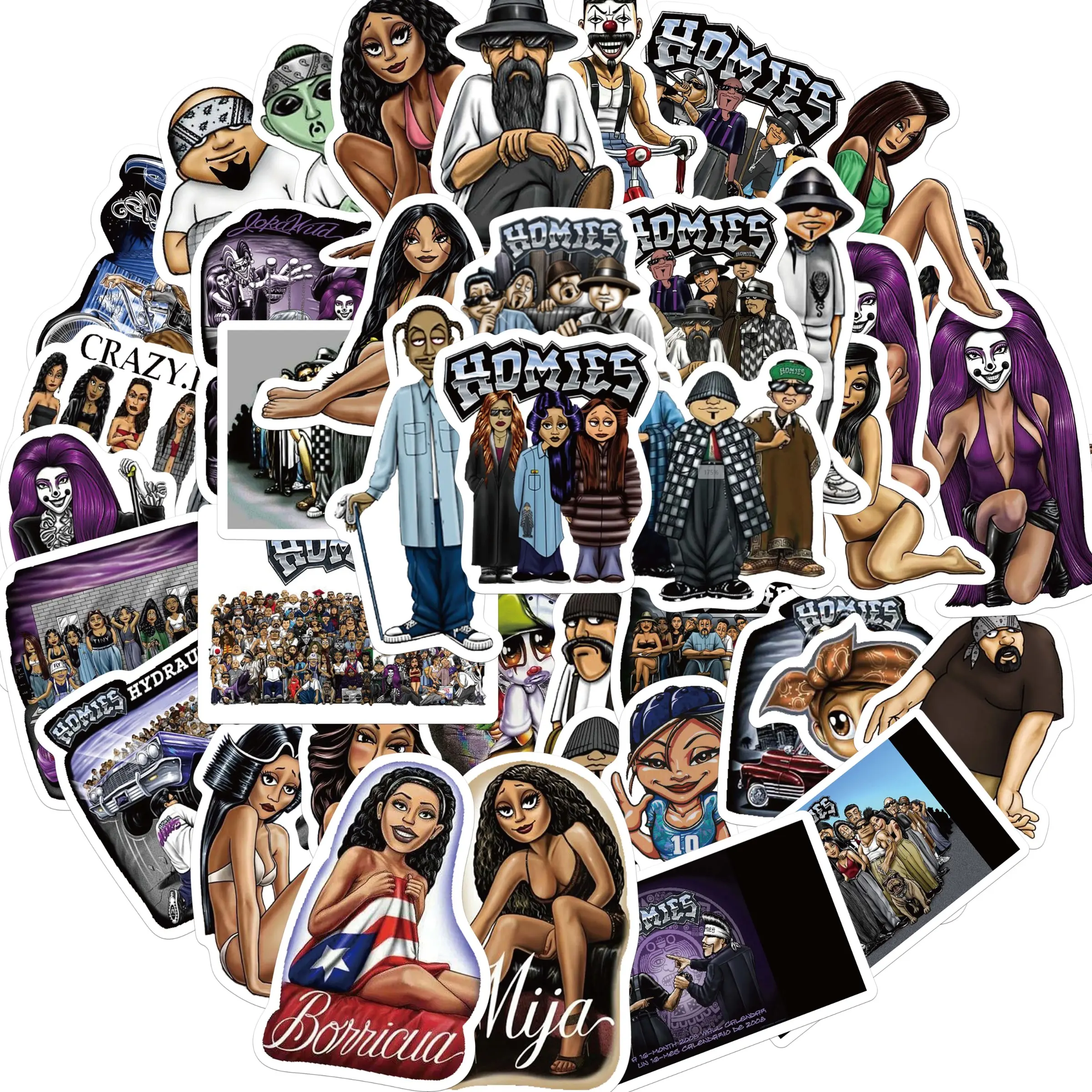 50pcs Homies Chicano Stickers Pack, Sticker Collage Pack, Waterproof Hip Hop Lowrider Street Culture Decals for Laptop, Water Bottle, Skateboard & Luggage, Hip Hop Fan Gift, Sticker Packs, Sticker Set