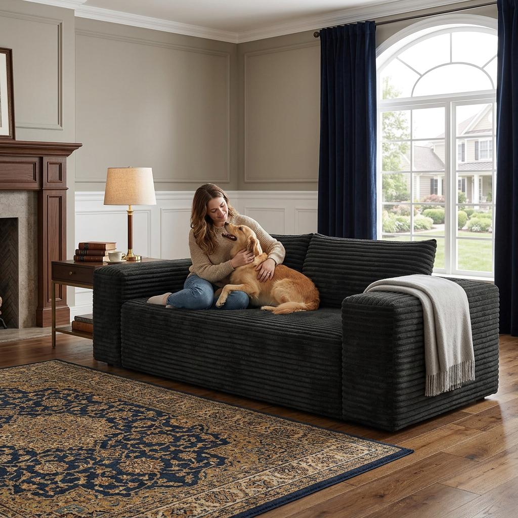 VESAMONTIS 78.8" 3-Seater Corduroy Sofa, Deep Seat Cloud Couch with Ergonomic Backrest & Wide Armrests, Comfy No Assembly Loveseat for Living Room, Bedroom & Apartment, High-Density Foam Support (Up to 600lbs)