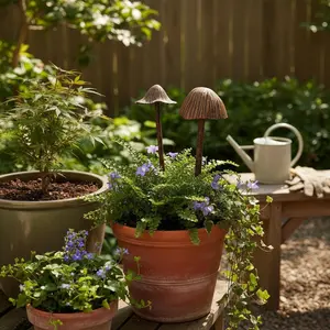 Mushroom Garden Stakes, Cast Iron Set of 2, Aged Copper Finish