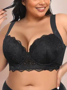 Plus-size women's full-coverage bra with push-up design, underwire support, comfortable and versatile, suitable for everyday wear, plus-size friendly.