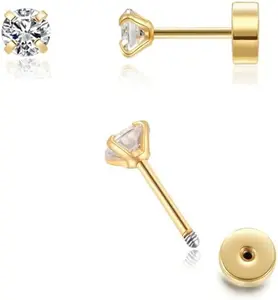Flat Back Screw Back CZ Stud Earrings, Small Cubic Zirconia Stud Earrings for Helix Cartilage Tragus Earlobe Piercing for Women (2mm 3mm 4mm Gold Color)