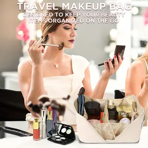 Large Beige Toiletry Bag - High-quality travel organizer with multiple compartments for portable toiletries and essentials, hand washable or dry cleanable, daily use pouch | Minimalist design | Sturdy handles, toiletry travel bag