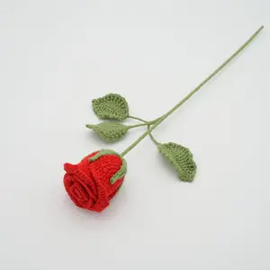 Handmade Crochet Rose Wine with Leaves and Long Stem, Hand-Knitted with 100% Cotton
