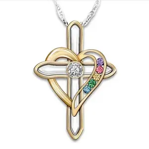 Women's Custom 4 Stone Heart and Cross Birthstone Necklace - Personalized Birthstone Cross Necklace for Mom - Gifts for Mom