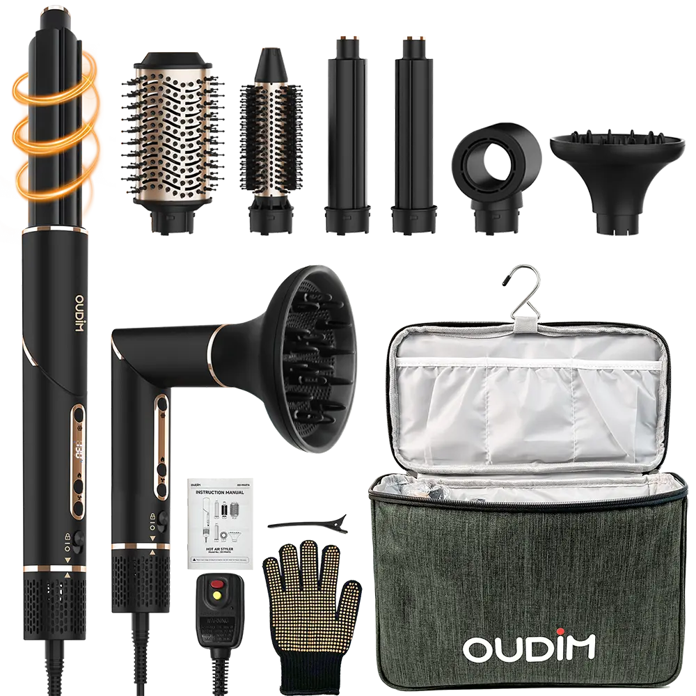 OUDIM 6-in-1 Multi-Functional Hot Air Comb with Interchangeable Brush Heads Negative Ion Hair Dryer Brush and Styler Brushless Motor 110000 RPM High-Speed Rapid Drying with Storage Bag