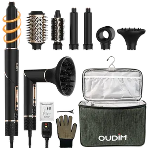 OUDIM 6-in-1 Multi-Functional Hot Air Comb with Interchangeable Brush Heads Negative Ion Hair Dryer Brush and Styler Brushless Motor 110000 RPM High-Speed Rapid Drying with Storage Bag