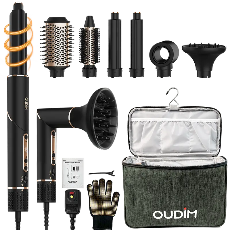 OUDIM 6-in-1 Multi-Functional Hot Air Comb with Interchangeable Brush Heads Negative Ion Hair Dryer Brush and Styler Brushless Motor 110000 RPM High-Speed Rapid Drying with Storage Bag