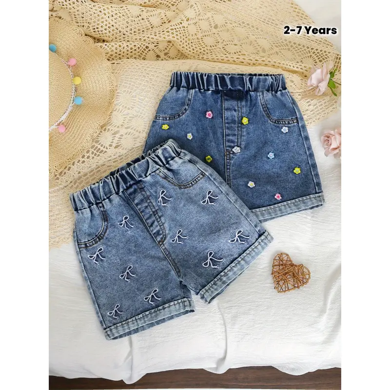 Girls' 2-Pack Casual Track Shorts, Summer Cotton Blend Faux Denim with Floral Embroidery & Bows