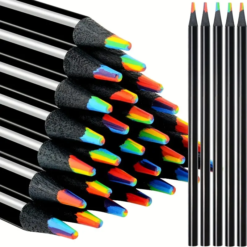 6.88in 10pcs Black Wood Colored Pencils, 7 Colors In 1 Rainbow Water Soluble Wooden Pencils, Children's Gift, Suitable For Family, School Classroom, Art Creation, Painting, Drawing, Coloring, Gifts