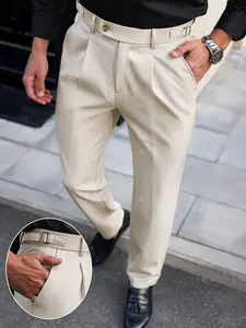 Business-style men’s tapered dress pants, 9/10 length casual trousers with front pleat design, half elastic waistband, includes adjustable buckle, suitable for office/business/casual occasions.