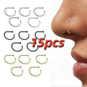 15pcs Women And men Fake Piercing Nose Ring Gold Stainless Steel D-Type Simple American Style Personalized Letters Hip-Hop Street Style Non Perforated Accessories Fake Nose Studs