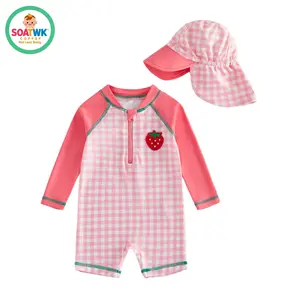 Toddler Girls Rash Guard Swimsuit Playsuits Strawberry Embroidery Plaid Print Long Sleeve Baby Bathing Suit with Sun Hat