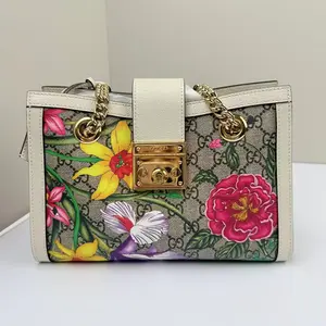 Pre-owned GUCCI Supreme Canvas Shoulder Bags Padlock Small Tote Floral White LNL0414