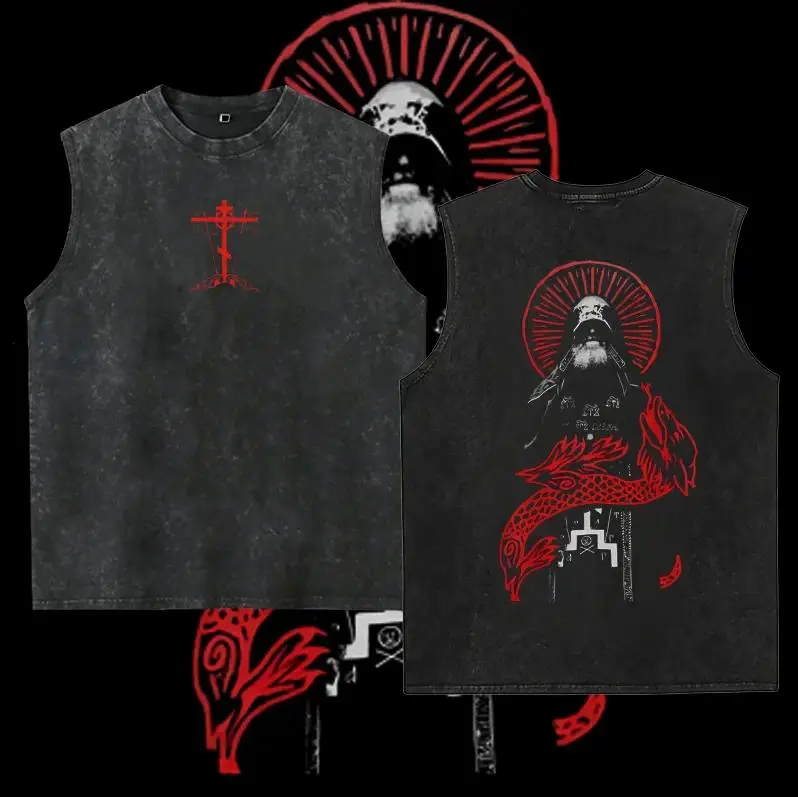 Men's Orthodox Icon Graphic Vest, Soft Vintage Washed Cotton, Sleeveless Top for Casual Menswear and Streetwear, Preppy, Retro, Religious Icon, Soft Comfortable Cotton, Faith-Inspired Streetwear Vibes, Pure Cotton