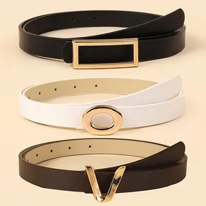 3 Pieces PU Women's Belt Black V Letter Version Buckle Fashionable Simple Korean Ins Boho Style With Blazer Dress Jeans Suitable For Daily Commuting To Work And School wicked  giant  hat
