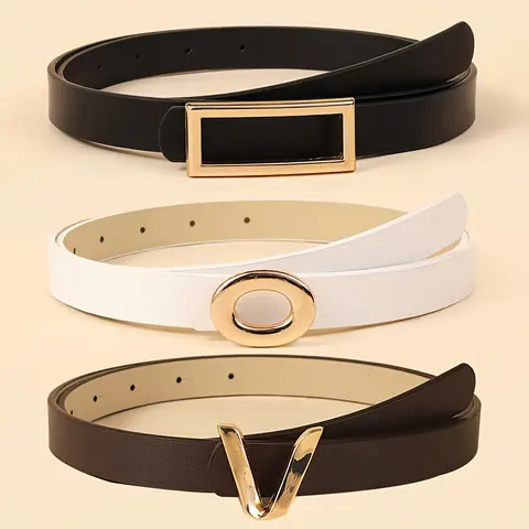 SHIFFRINKEN Women's Waistband Belt - 3-Piece PU, Black V-Letter Snap Buckle, Korean Boho Style, Ideal for Daily Commuting, Matching Blazer, Dress, Jeans, Accessories For Women, Belts For Women