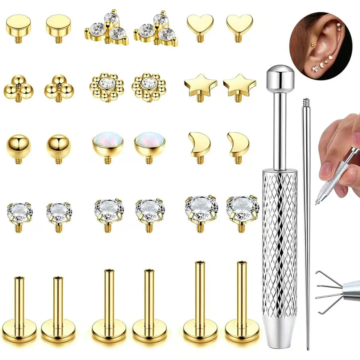 Hypoallergenic Steel Interchangeable Top Piercing Jewelry Set - Internal Thread Flat Back Studs, Insertion Tool, Multi-Shape CZ Opal Heart Star Moon Heads for Nose Lip Helix, Daily Wear Piercing Kit