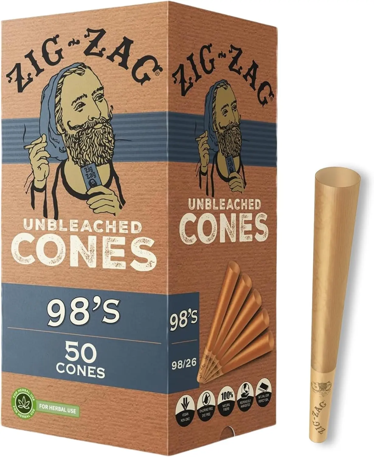 ZIG-ZAG Pre Rolled Cones 98’s Size (50 Pack) Unbleached - Slow Burning Pre Rolled Cones with Tips & Packing Tubes Included - Bulk Pack