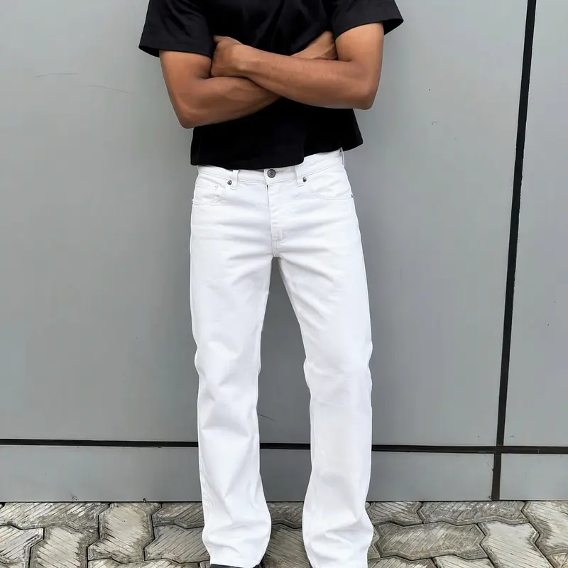 Men's Cotton Plain White Jean Pants - Classic Stretch Elastane Blend Denim Clothing, Straight-Leg Loose-Fit Cotton Fabric Jean, All-Seasons Nondistressed Casual Bottoms with Drape & Aesthetics