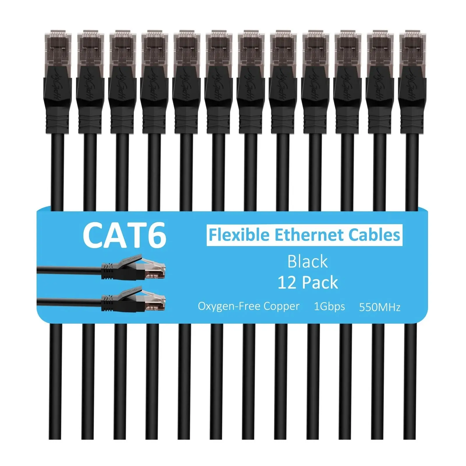 Cat 6 Ethernet Cable 10 ft (12-Pack) - High-Speed LAN Cable, Internet Cable, Patch Cable, and Network Cable - UTP, 10Gbps, 550MHz Ethernet Cord - Black