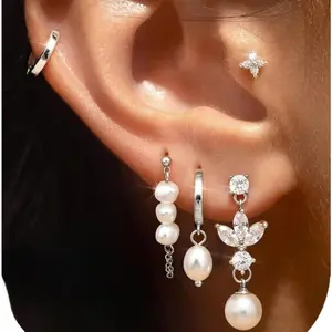 [Earstacking Inspo] 5-Piece Pearl & Crystal Earring Set for Women| Dainty Silver/Gold Plated Piercing Set| Elegant Drop Hoops & Studs Jewelry| Perfect Gift for Her| Multiple Piercings Look