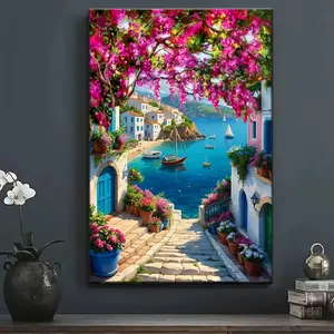Scenic seaside village canvas print Posters, Modern digital oil painting Wall arts decoration painting, suitable for living room, bedroom, office, corridor, cafe, wall decoration, home decoration