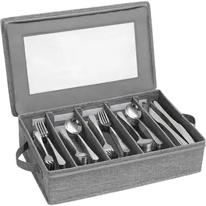 Silverware Storage Box, Flatware Organizer with Zipper Lid, 5 Compartment Cutlery Case with Adjustable Divider and Handle, Utensil Container for Spoon Fork  Tableware, Gray, 1 Pack