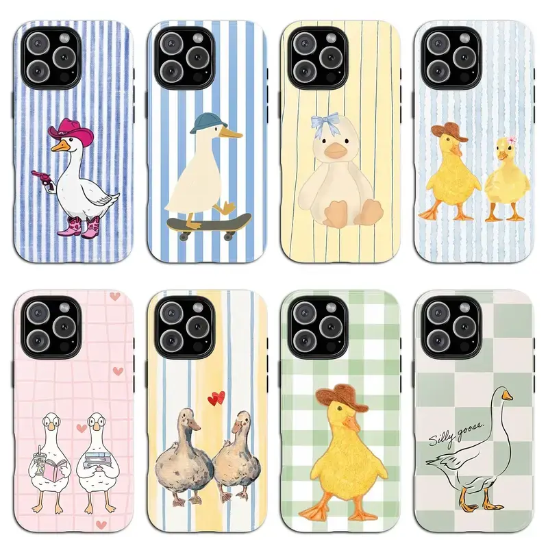 Cute Silly Goose Duck Phone Case for iPhone 17 16 15 14 Pro Max Plus Kawaii Striped Plaid Cowboy Hat Skateboard Pattern Shockproof Soft Back Cover
