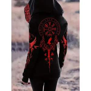 Viking Tribe Full Body Print Hooded Zipper Sweatshirt - Retro Nordic Totem and Viking Warrior Design, H-shaped Cut, High Elasticity Four Seasons Casual Jacket, Machine Washable