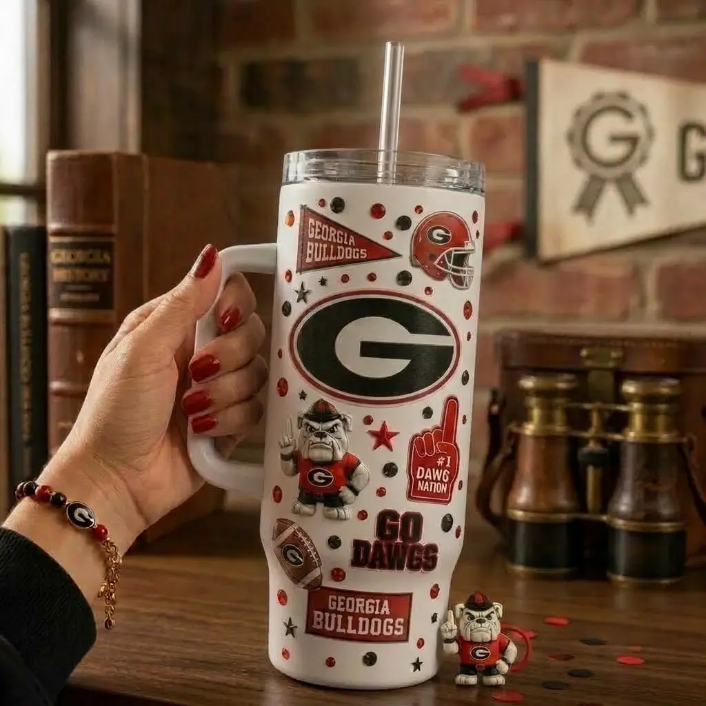 Georgia Bulldogs Rhinestone Accent 40oz Tumbler with Handle Tumbler, College Football Stainless Steel Insulated Travel Cup, Georgia Sports Gift for Fans
