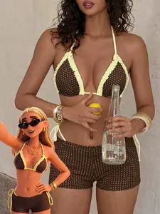 3pcs Women's Swimsuit bikini, casual graphic polka beachwear swimsuit summer Brown and yellow pin spot boyshort fashionable outfit /Going Out Outfits/gym Outfit/Casual/Y2k/2000s/Y2k Clothes /Classy/Old Money/Streetwear/Vacation Outfits/music party Pool Pa