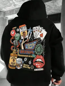 Vintage Americana Graphic Back Print Hoodie Men's Oversized Black Sweatshirt Graphic Hoodies Streetwear with Retro Casino Cards 8-Ball & Whiskey Detail Heavyweight Pullover for Urban Night Out