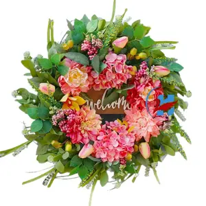 Fall Artificial Hydrangea & Peony Wreath, Welcome Sign Door Wreath for Autumn Home & Window Decor