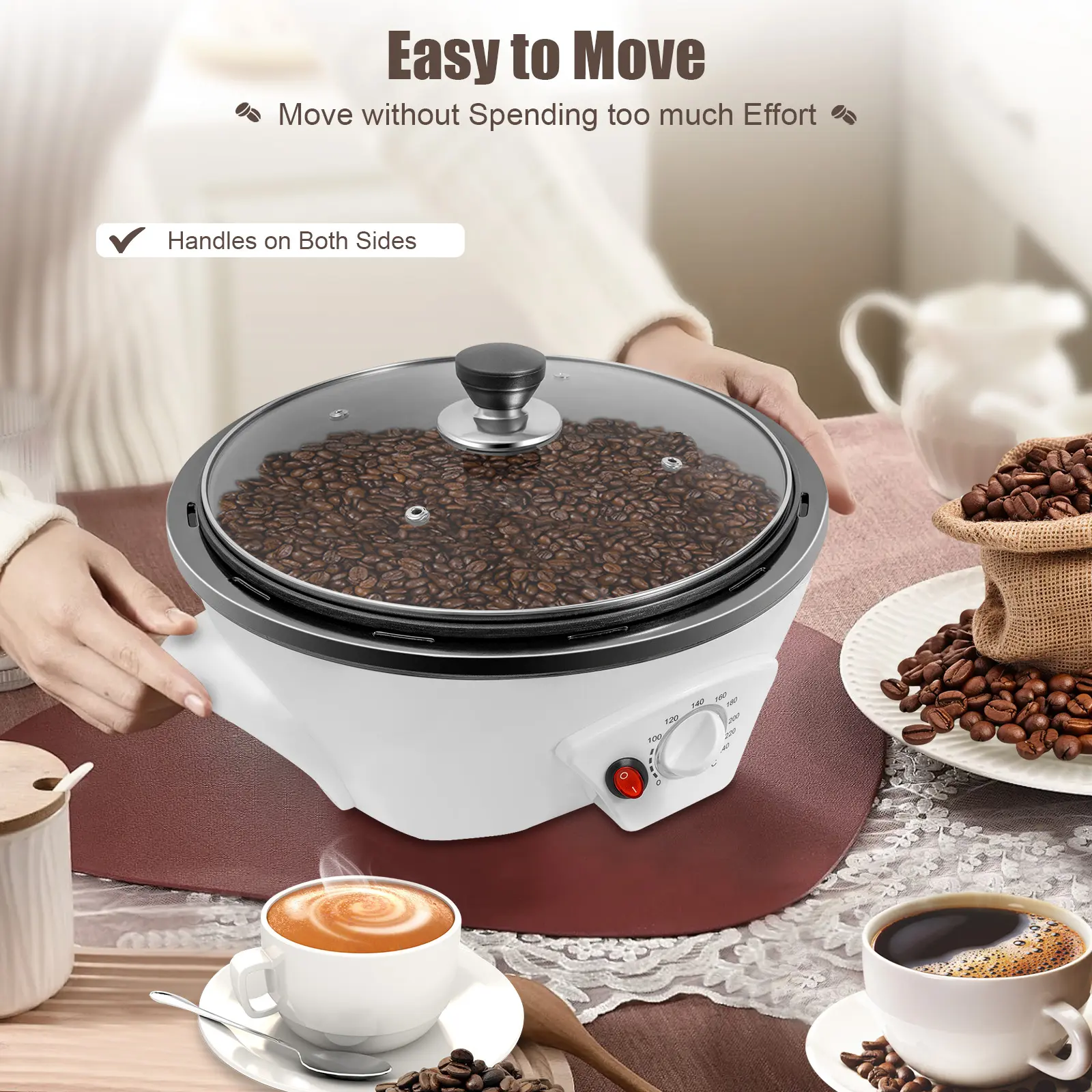 Electric Coffee Bean Roaster, 1.1 lbs Capacity, 800W, 32-464°F Adjustable Temperature, Glass Lid, Non-Stick, for Home & Commercial Use