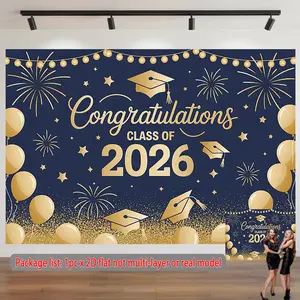 1pc Polyester 2D Flat Graduation Banner - Class of 2026 Congratulations, Landscape Background Fabric, Traditional Festive Decoration for Classrooms, Home, Birthday & Party Supplies Photo Backdrop