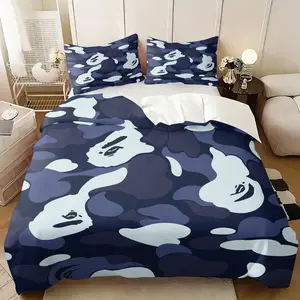 APE Navy Blue Camouflage Print Themed Duvet Cover Set, Bed Sets, Including 1 Duvet Cover & 1-2 Pillowcases, Soft Microfiber, Comfortable, Street Fashion Trend Bedroom Decor, Gift for Camouflage Lovers & Streetwear Hypebeast Fans
