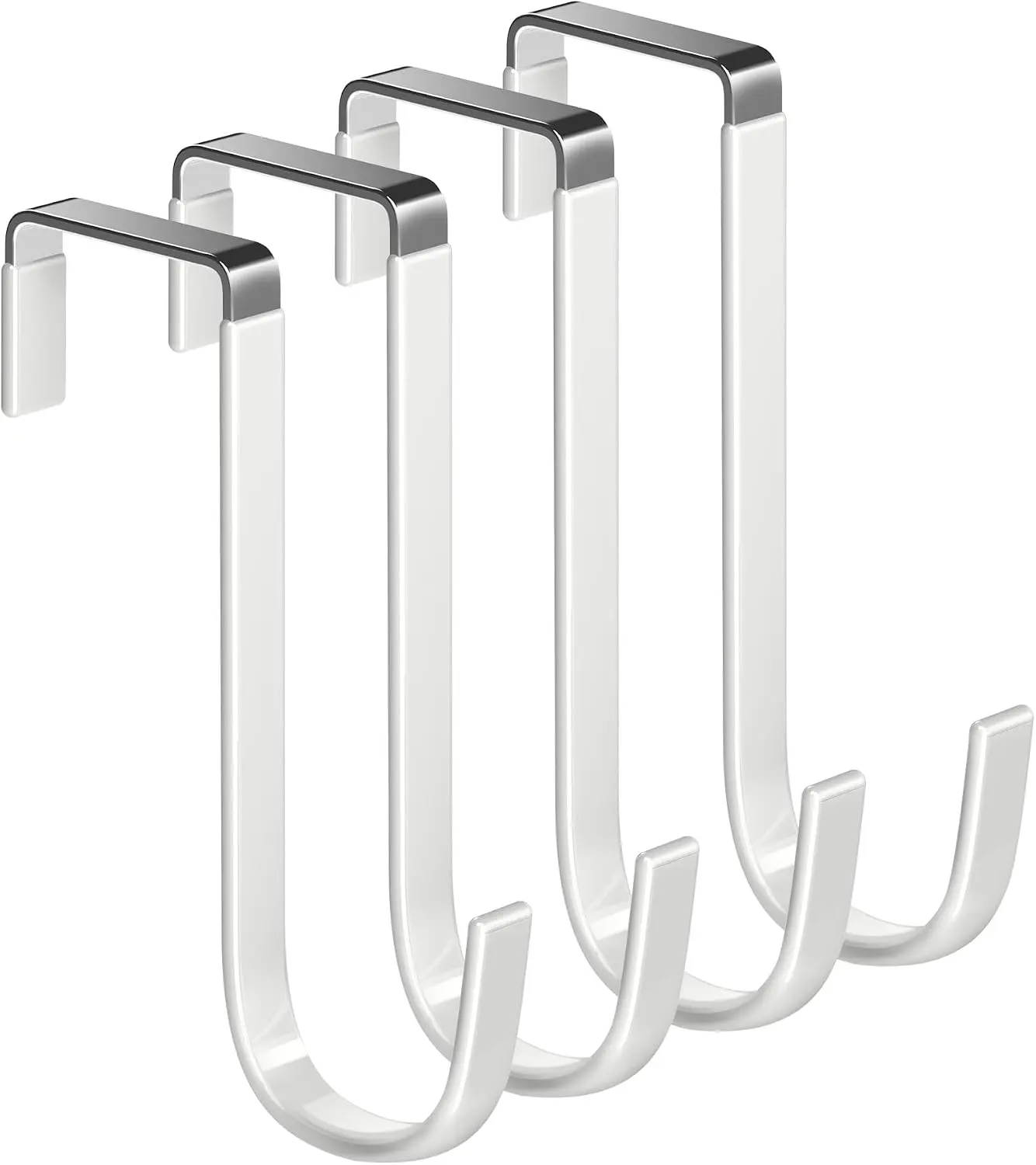 4-Pack Metal Over Door Hooks, Adjustable Spacing, Damage-Free Mount, Durable for Bathroom Use, Fits 1-3/8" Doors, 5.5" White Hanging Hooks