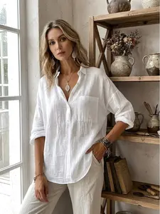 Women's Casual Linen Shirts V Neck Long Sleeve Roll-Up Tunic Top Loose Flowy Blouse for Summer